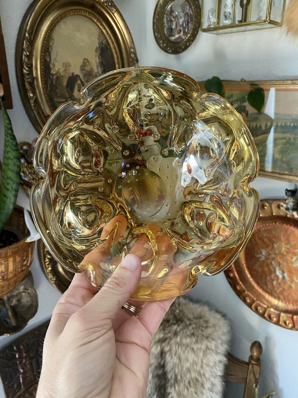 Vintage Murano Bullicante Controlled Bubble Art Glass Bowl Amber Glass Dish